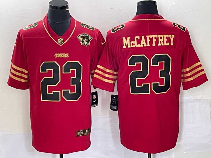 Men%27s San Francisco 49ers #23 Christian McCaffrey Red 75th Patch Golden Edition Stitched Nike Limited Jersey Dzhi->seattle seahawks->NFL Jersey